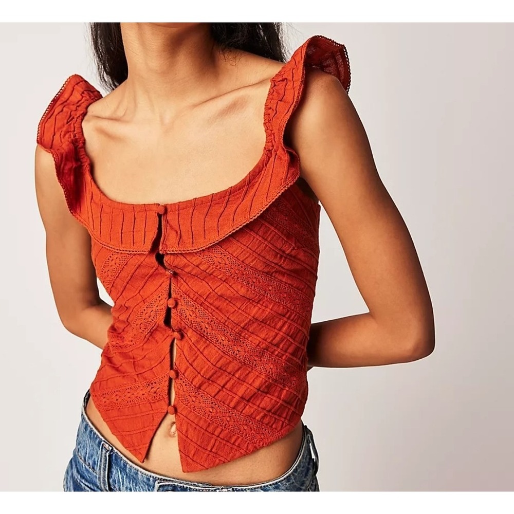Free People Riviera Lace Tank Women XS Burnt Orange Boho Cottagecore Romantic